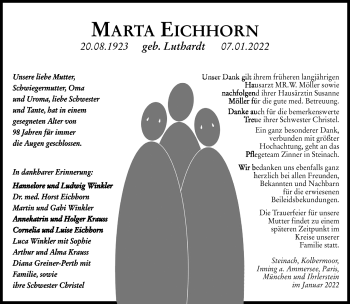 Traueranzeige von Marta Eichhorn von Südthüringer Presse