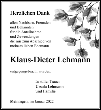 Traueranzeige von Klaus-Dieter Lehmann von Südthüringer Presse