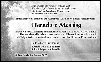 Traueranzeige von Hannelore Menning von Südthüringer Presse