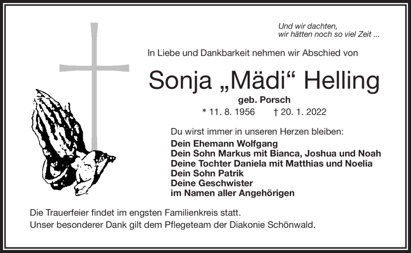  Traueranzeige für Sonja Helling vom 29.01.2022 aus Frankenpost