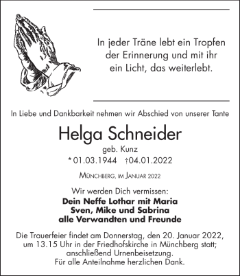 Traueranzeige von Helga Schneider von Frankenpost