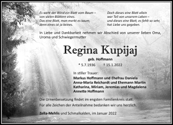 Traueranzeige von Regina Kupijaj von Südthüringer Presse