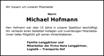 Traueranzeige von Michael Hofmann von Frankenpost