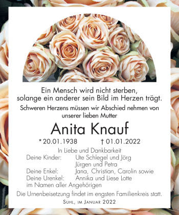 Traueranzeige von Anita Knauf von Südthüringer Presse