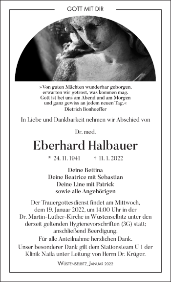 Traueranzeige von Eberhard Halbauer von Frankenpost