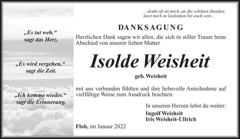  Traueranzeige für Isolde Weisheit vom 14.01.2022 aus Südthüringer Presse