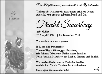 Traueranzeige von Frieda Sauerbrei von Südthüringer Presse