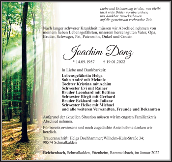 Traueranzeige von Joachim Danz von Südthüringer Presse