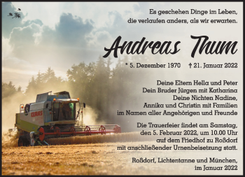 Traueranzeige von Andreas Thum von Südthüringer Presse