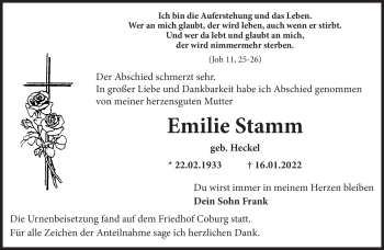 Traueranzeige von Emilie Stamm von Neue Presse Coburg
