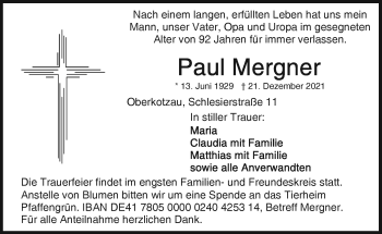 Traueranzeige von Paul Mergner von Frankenpost