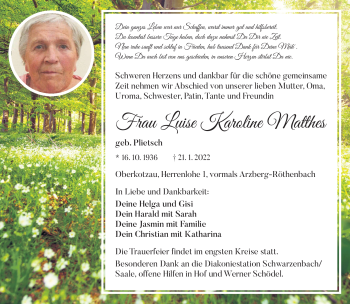 Traueranzeige von Luise Karoline Matthes von Frankenpost