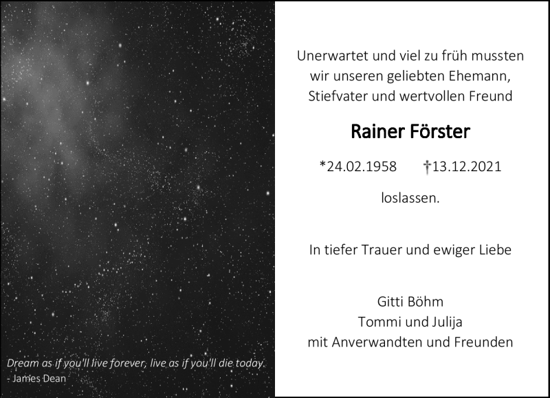  Traueranzeige für Rainer Förster vom 08.01.2022 aus Neue Presse Coburg