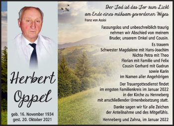 Traueranzeige von Herbert Oppel von Südthüringer Presse