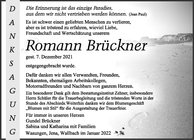  Traueranzeige für Romann Brückner vom 08.01.2022 aus Südthüringer Presse