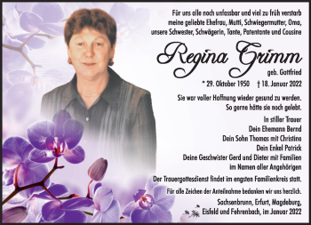Traueranzeige von Regina Grimm von Südthüringer Presse