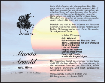 Traueranzeige von Marita Arnold von Südthüringer Presse