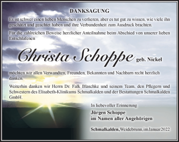 Traueranzeige von Christa Schoppe von Südthüringer Presse