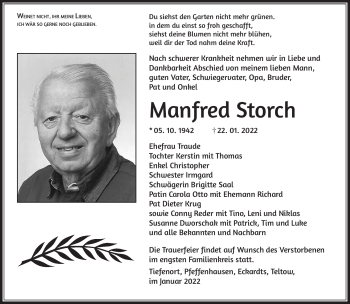 Traueranzeige von Manfred Storch von Südthüringer Presse