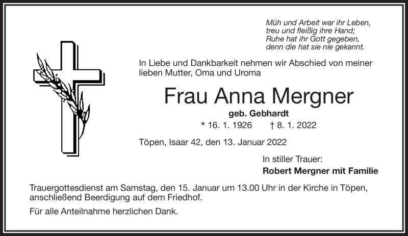 Traueranzeige für Anna Mergner vom 13.01.2022 aus Frankenpost