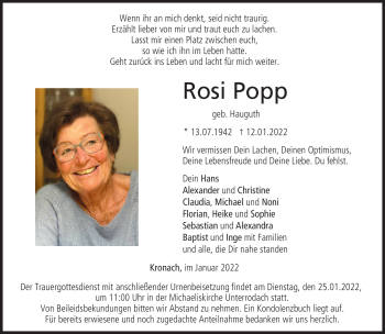 Traueranzeige von Rosi Popp von Neue Presse Coburg
