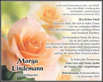 Traueranzeige von Marga Lindemann von Südthüringer Presse