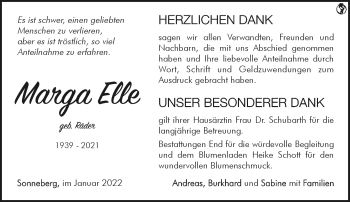 Traueranzeige von Marga Elle von Südthüringer Presse