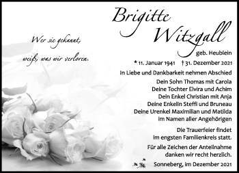 Traueranzeige von Brigitte Witzgall von Südthüringer Presse