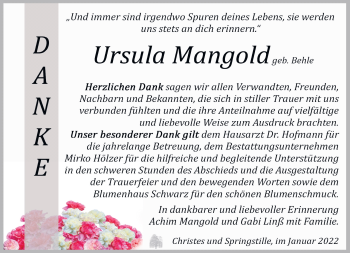Traueranzeige von Ursula Mangold von Südthüringer Presse