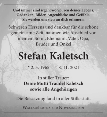 Traueranzeige von Stefan Kaletsch von Südthüringer Presse