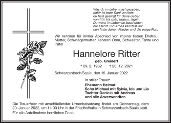 Traueranzeige von Hannelore Ritter von Frankenpost