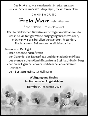 Traueranzeige von Freia Marr von Südthüringer Presse