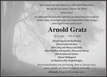 Traueranzeige von Arnold Gratz von Südthüringer Presse