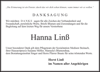 Traueranzeige von Hanna Linß von Südthüringer Presse