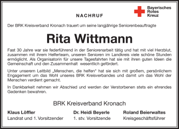 Traueranzeige von Rita Wittmann von Neue Presse Coburg