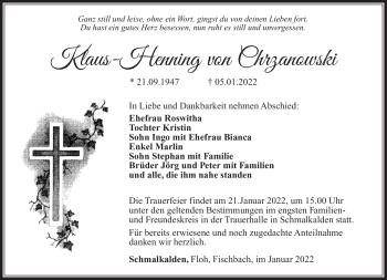 Traueranzeige von Klaus-Henning von Chrzanowski von Südthüringer Presse