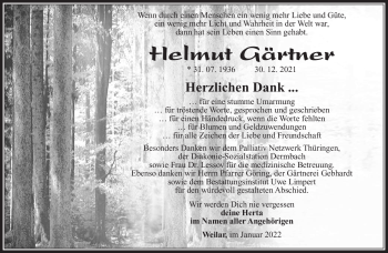 Traueranzeige von Helmut Gärtner von Südthüringer Presse