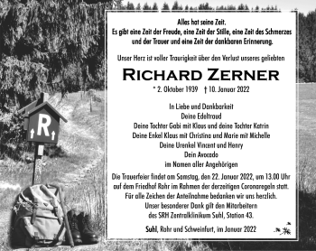Traueranzeige von Richard Zerner von Südthüringer Presse