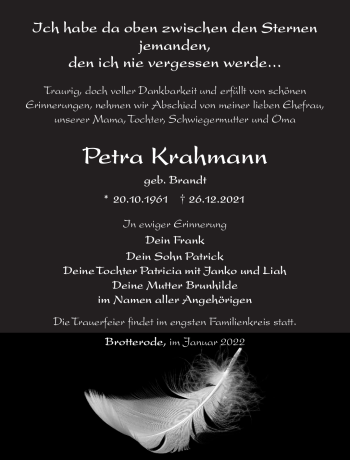 Traueranzeige von Petra Krahmann von Südthüringer Presse