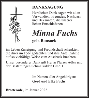 Traueranzeige von Minna Fuchs von Südthüringer Presse