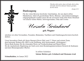 Traueranzeige von Ursula Grünhard von Südthüringer Presse