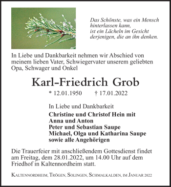 Traueranzeige von Karl-Friedrich Grob von Südthüringer Presse
