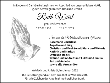 Traueranzeige von Ruth Würl von Neue Presse Coburg