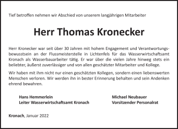 Traueranzeige von Thomas Kronecker von Neue Presse Coburg