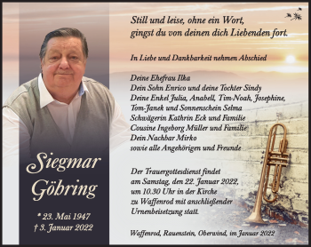 Traueranzeige von Siegmar Göhring von Südthüringer Presse