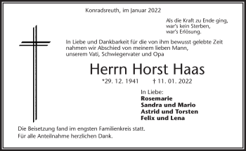 Traueranzeige von Horst Haas von Frankenpost