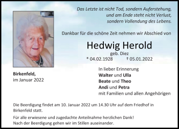 Traueranzeige von Hedwig Herold von Neue Presse Coburg