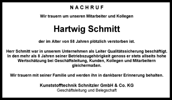 Traueranzeige von Hartwig Schmitt von Neue Presse Coburg