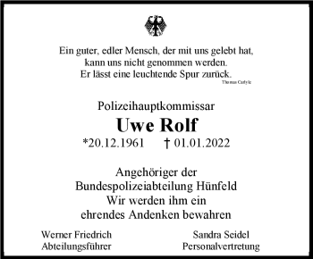 Traueranzeige von Uwe Rolf von Südthüringer Presse