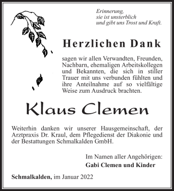 Traueranzeige von Klaus Clemen von Südthüringer Presse